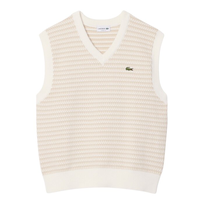 Lacoste Pull Sans Manches Rayé - Beige/Gris Clair/Blanc