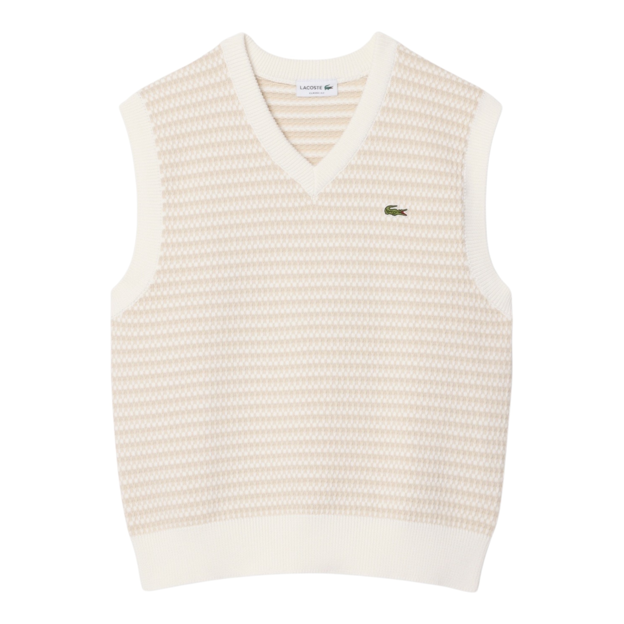 Lacoste Pull Sans Manches Rayé - Beige/Gris Clair/Blanc