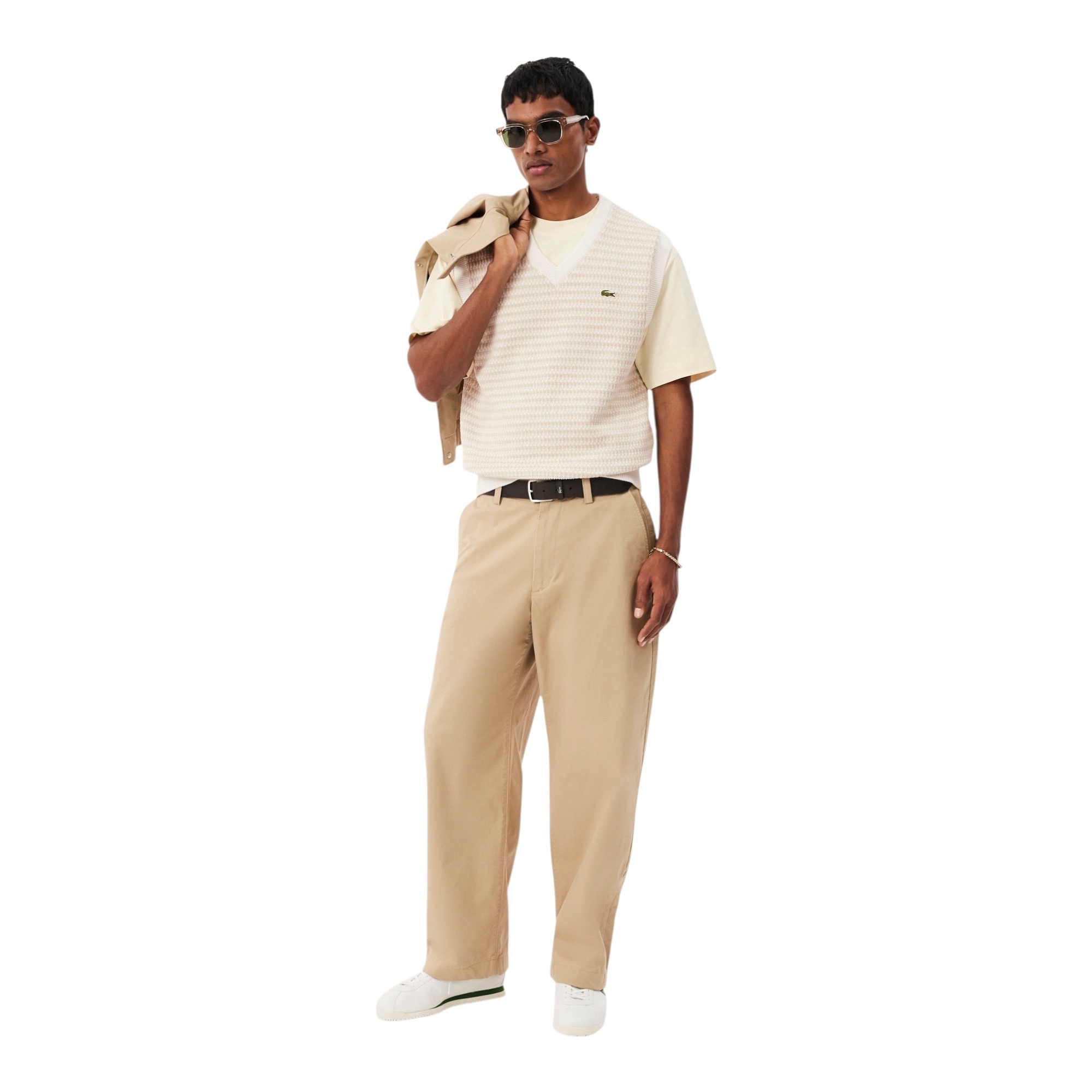 Lacoste Pull Sans Manches Rayé - Beige/Gris Clair/Blanc