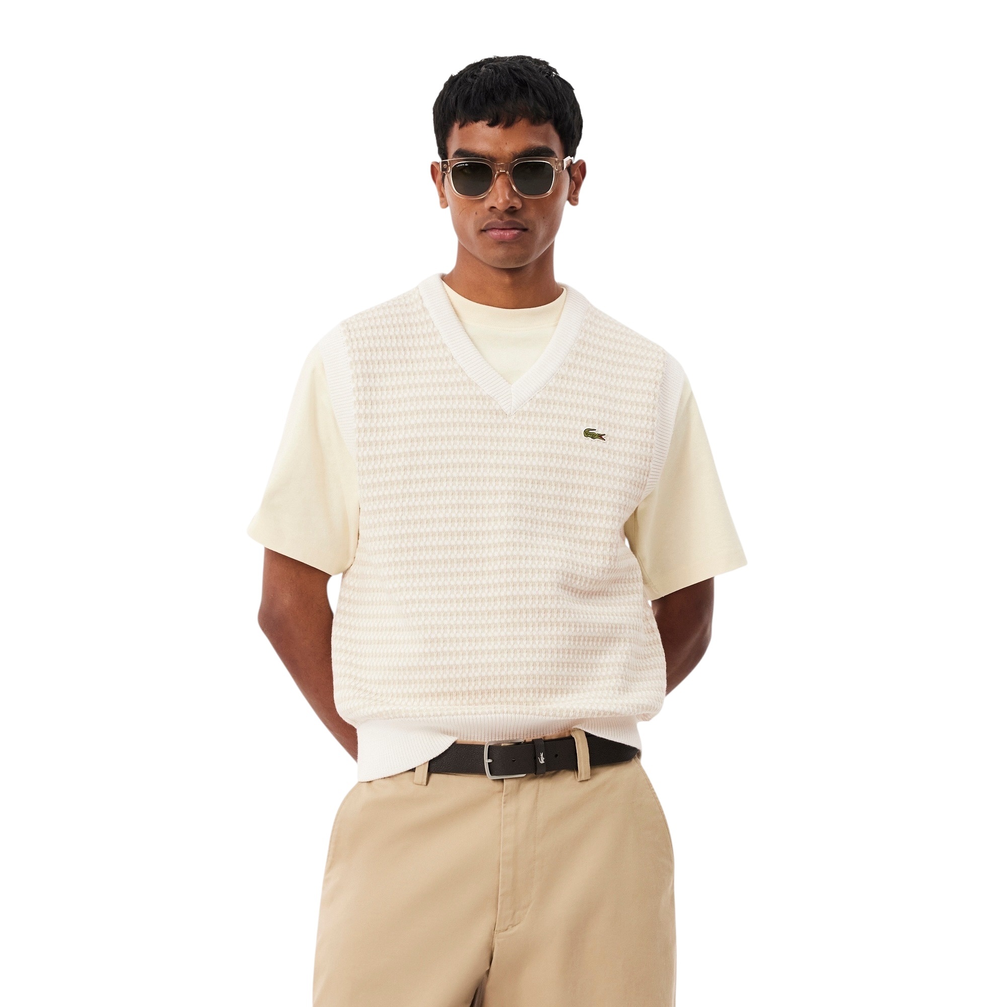 Lacoste Pull Sans Manches Rayé - Beige/Gris Clair/Blanc