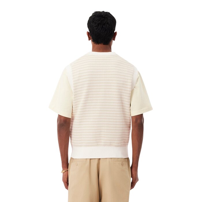 Lacoste Pull Sans Manches Rayé - Beige/Gris Clair/Blanc