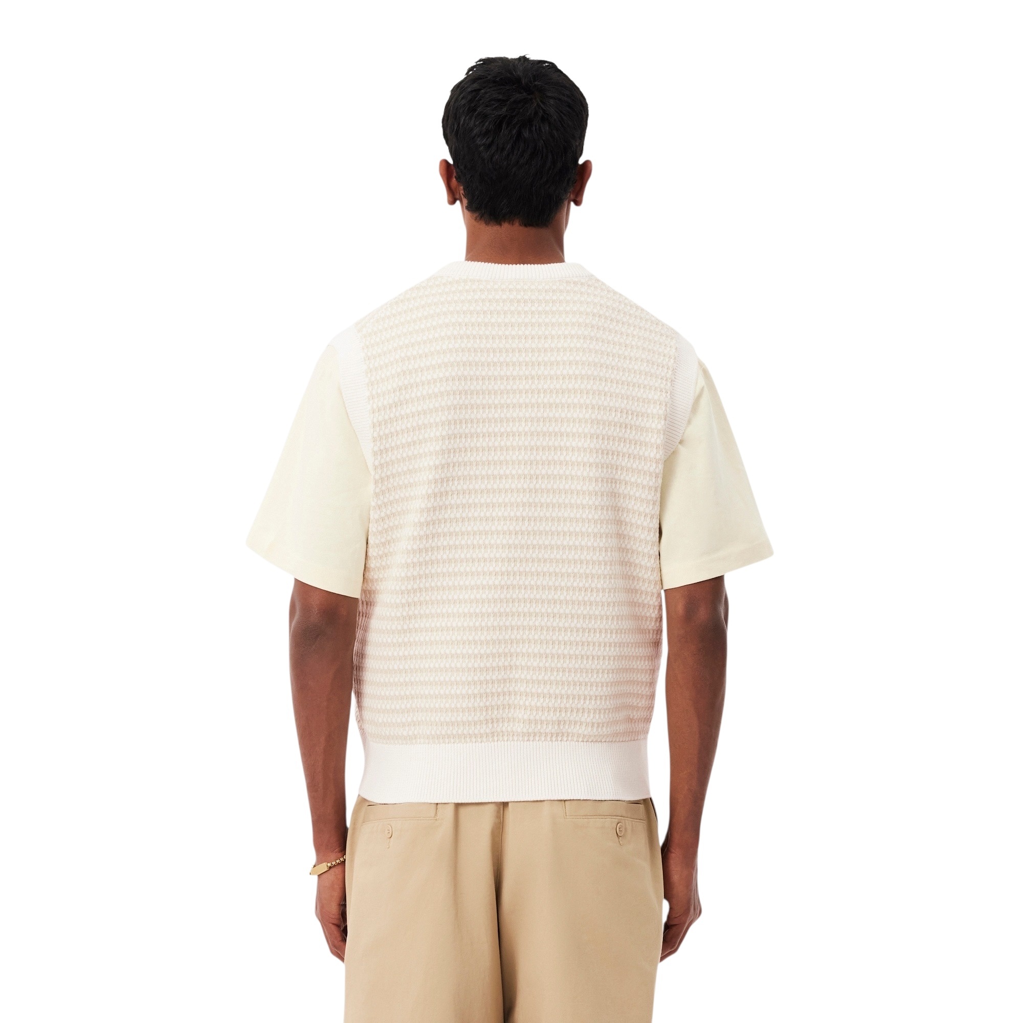 Lacoste Pull Sans Manches Rayé - Beige/Gris Clair/Blanc