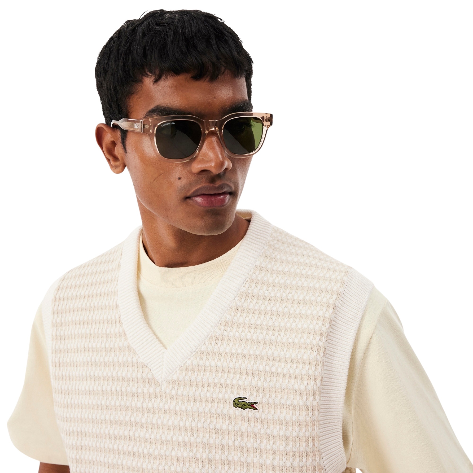 Lacoste Pull Sans Manches Rayé - Beige/Gris Clair/Blanc