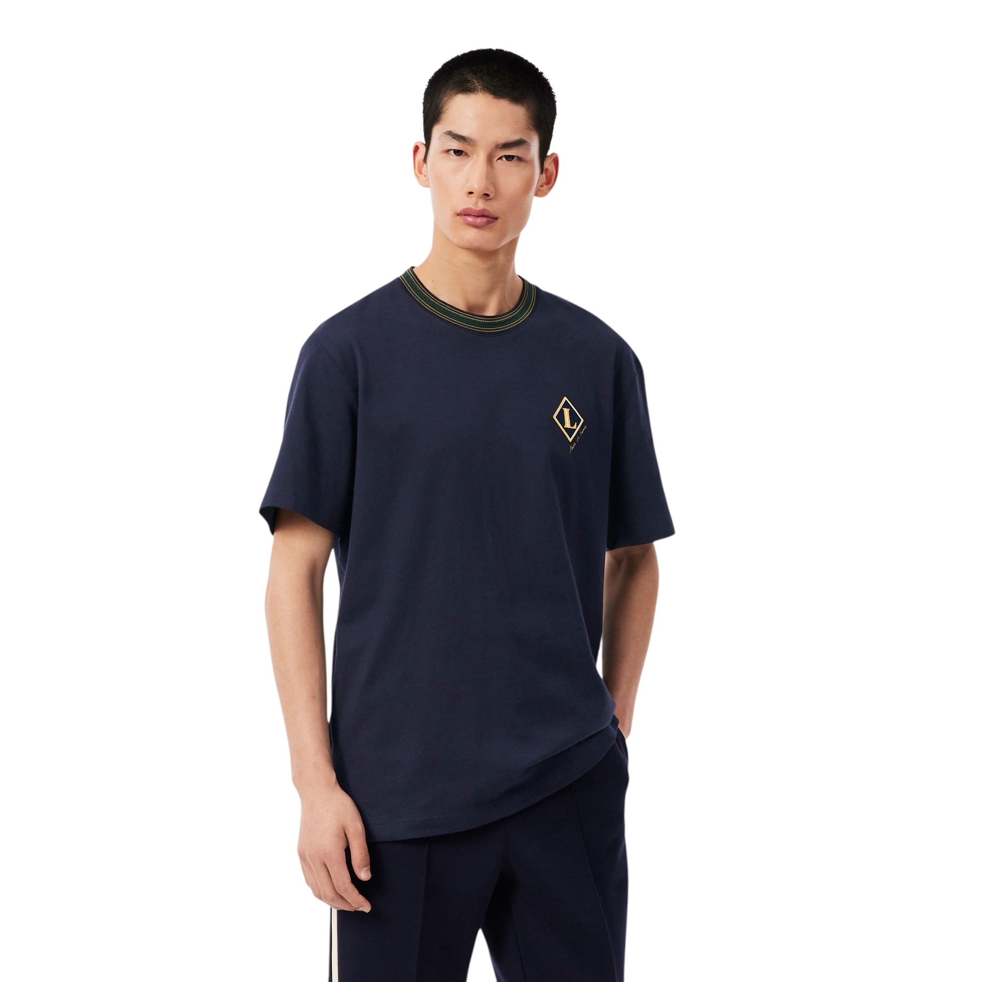 Lacoste T-Shirt Fabriqué en France Rayures Badge - Bleu Marine