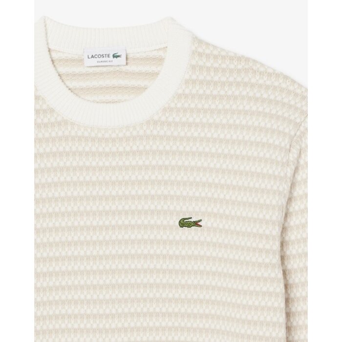 Lacoste Pull Rayé Coton - Beige/ Gris Clair/ Blanc