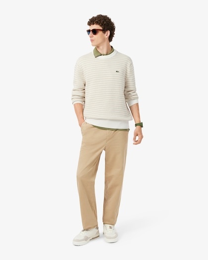 Lacoste Pull Rayé Coton - Beige/ Gris Clair/ Blanc