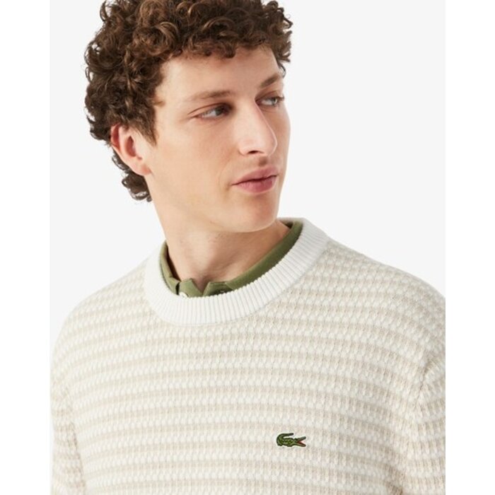 Lacoste Pull Rayé Coton - Beige/ Gris Clair/ Blanc
