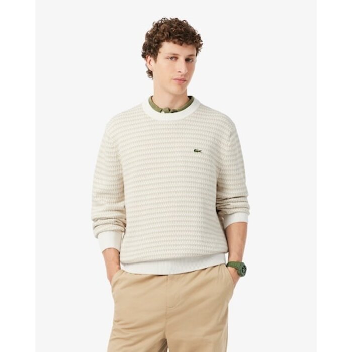 Lacoste Pull Rayé Coton - Beige/ Gris Clair/ Blanc