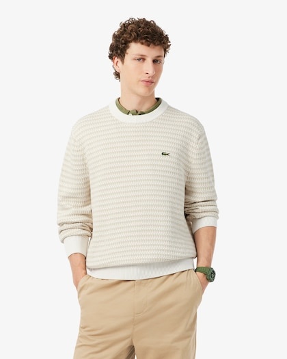 Lacoste Pull Rayé Coton - Beige/ Gris Clair/ Blanc