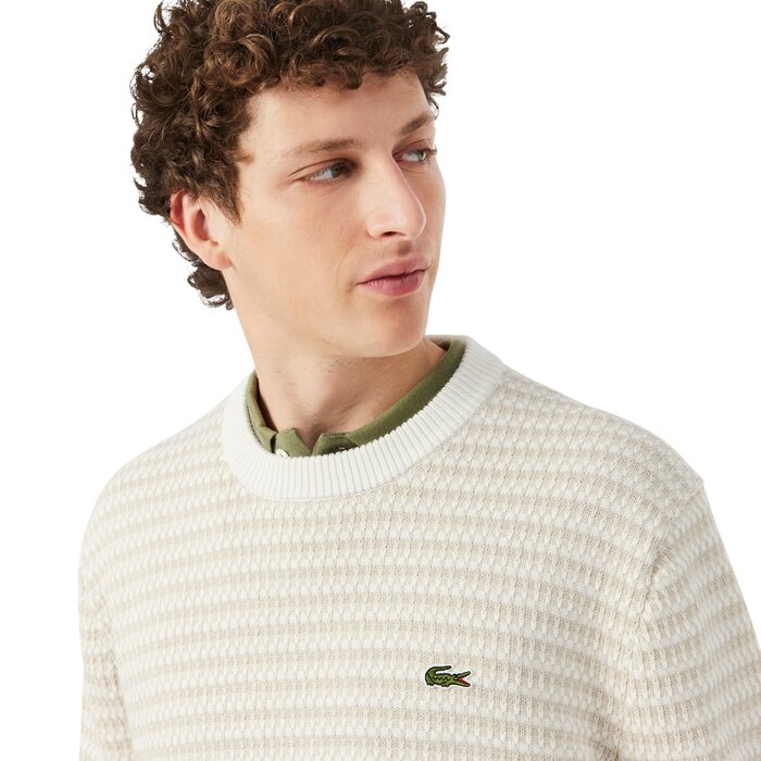 Lacoste Pull Rayé Coton - Beige/ Gris Clair/ Blanc