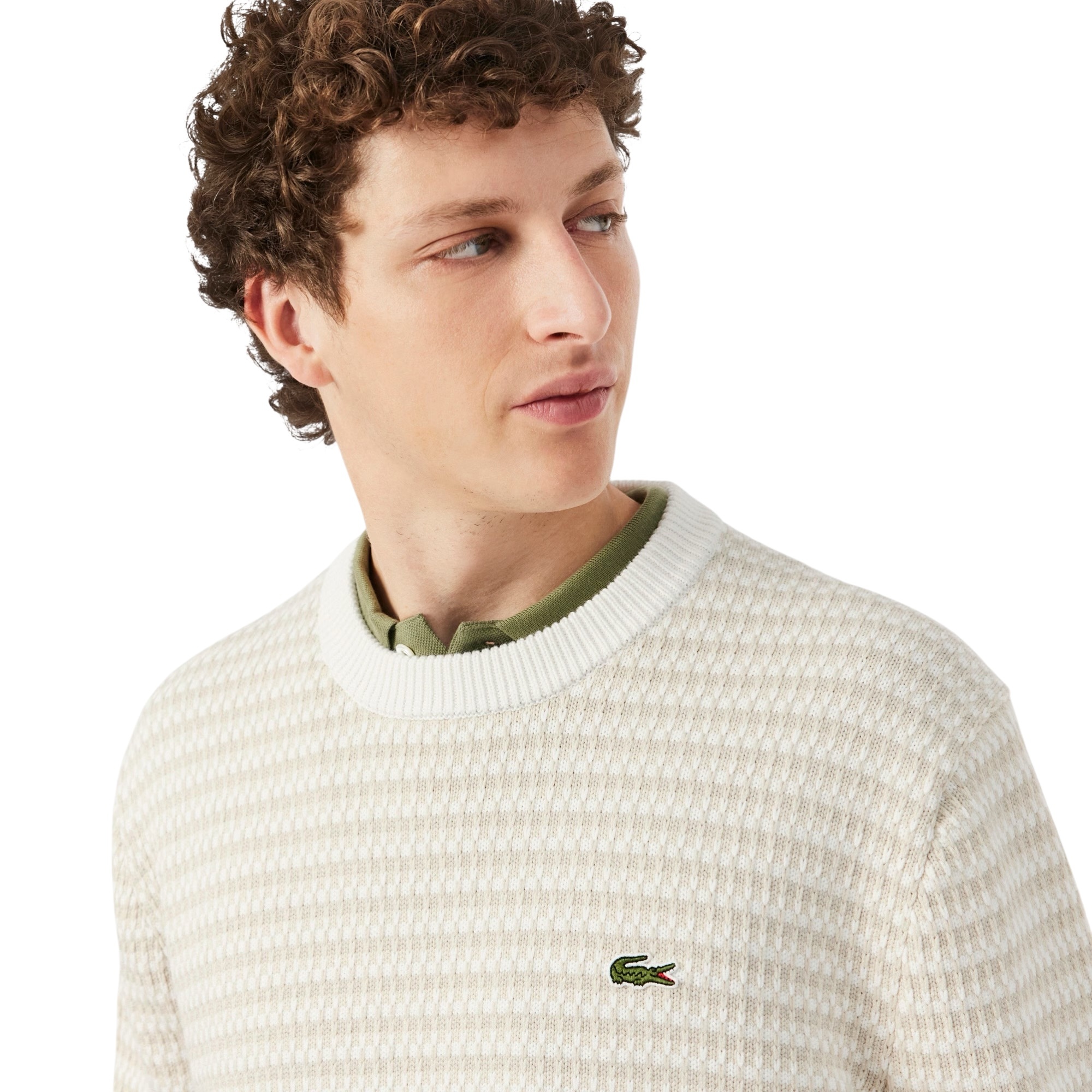 Lacoste Pull Rayé Coton - Beige/ Gris Clair/ Blanc