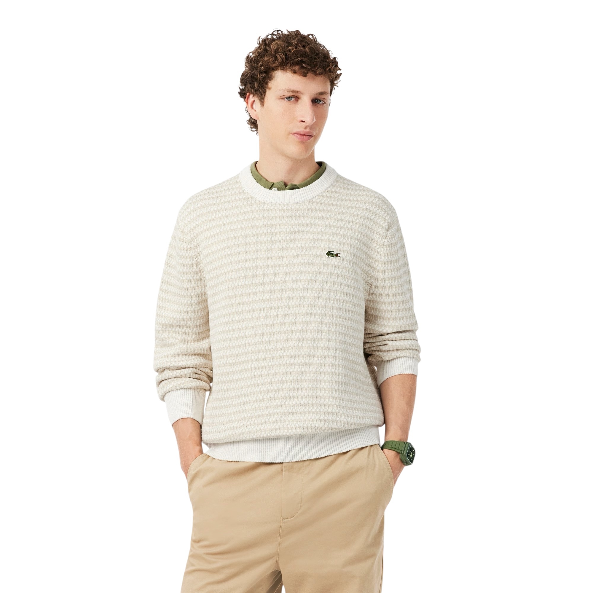 Lacoste Pull Rayé Coton - Beige/ Gris Clair/ Blanc