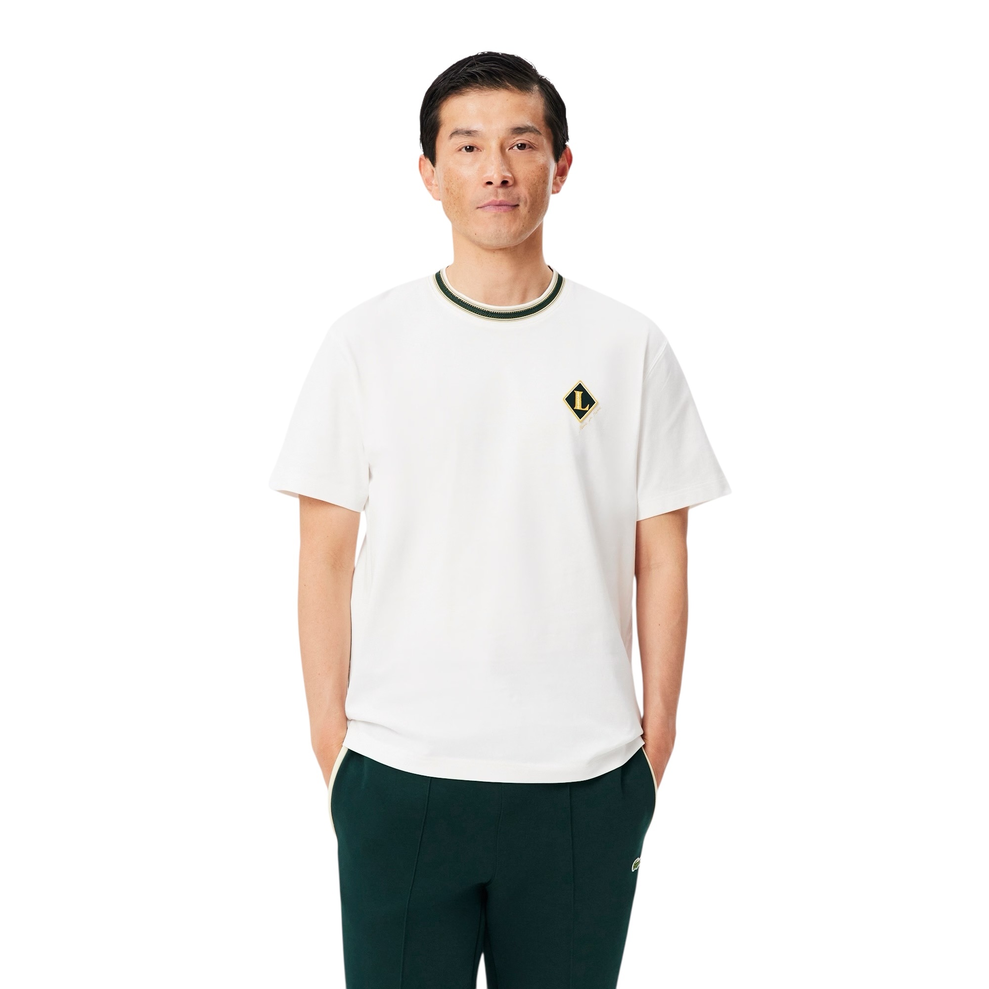 Lacoste T-Shirt Fabriqué en France Rayures Badge - Blanc