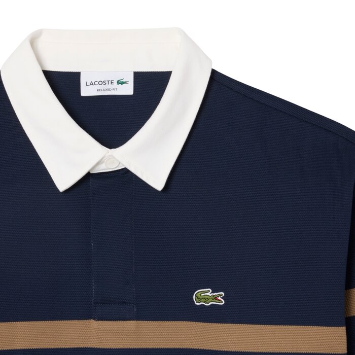 Lacoste Polo Rugby Piqué Rayé Relaxed Fit - Bleu Marine