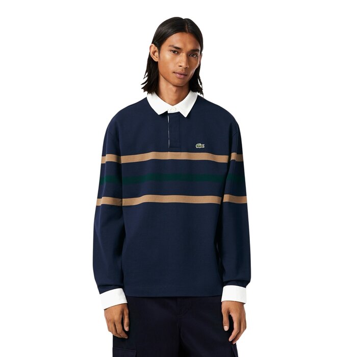 Lacoste Polo Rugby Piqué Rayé Relaxed Fit - Bleu Marine