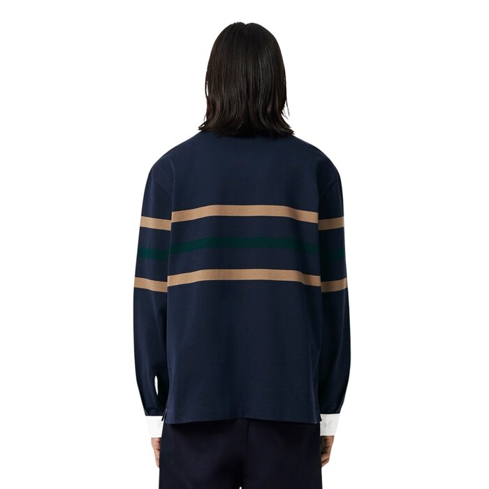 Lacoste Polo Rugby Piqué Rayé Relaxed Fit - Bleu Marine