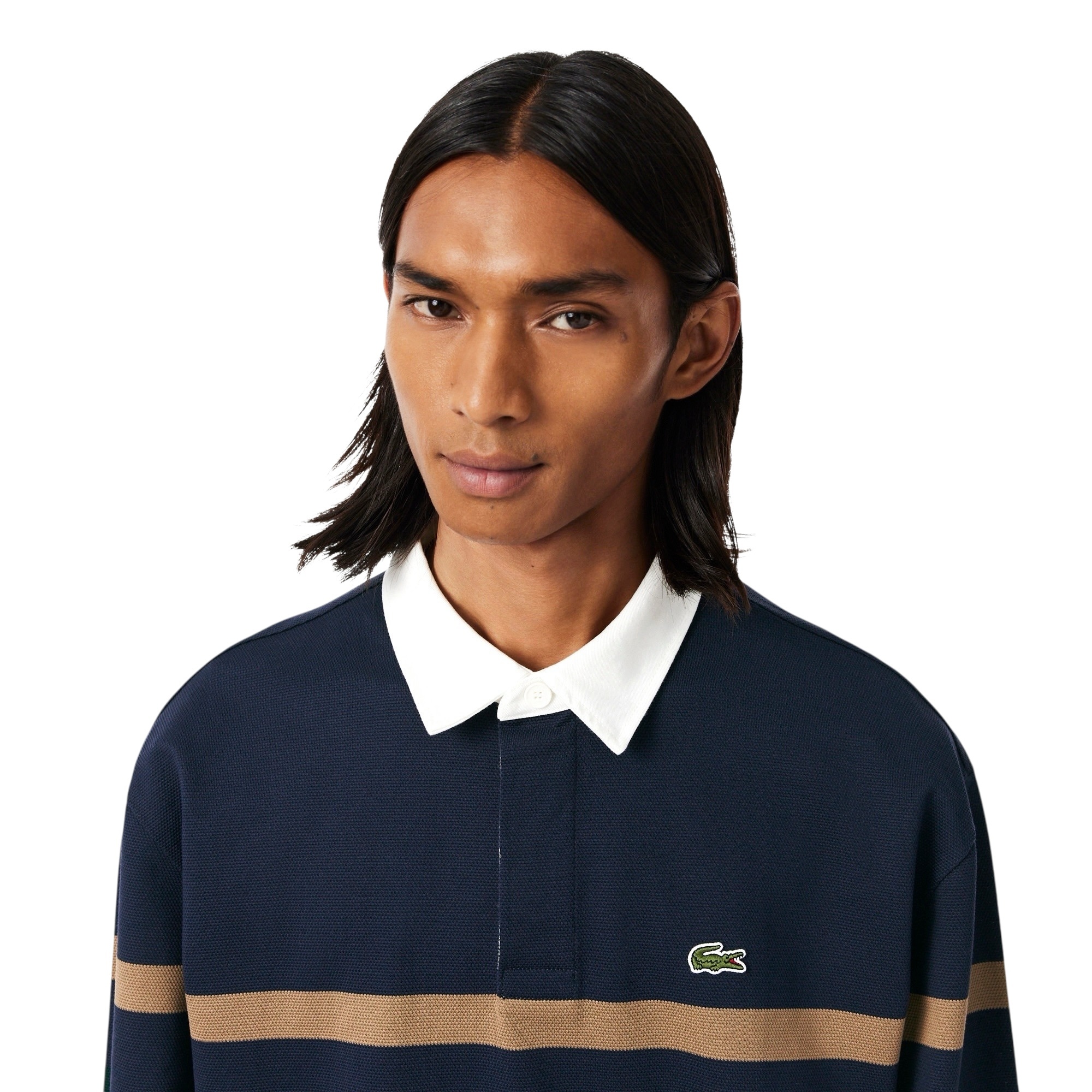 Lacoste Polo Rugby Piqué Rayé Relaxed Fit - Bleu Marine