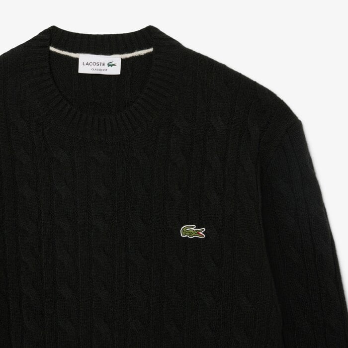 Lacoste Pull Torsadé en Laine Col Rond - Vert Foncé