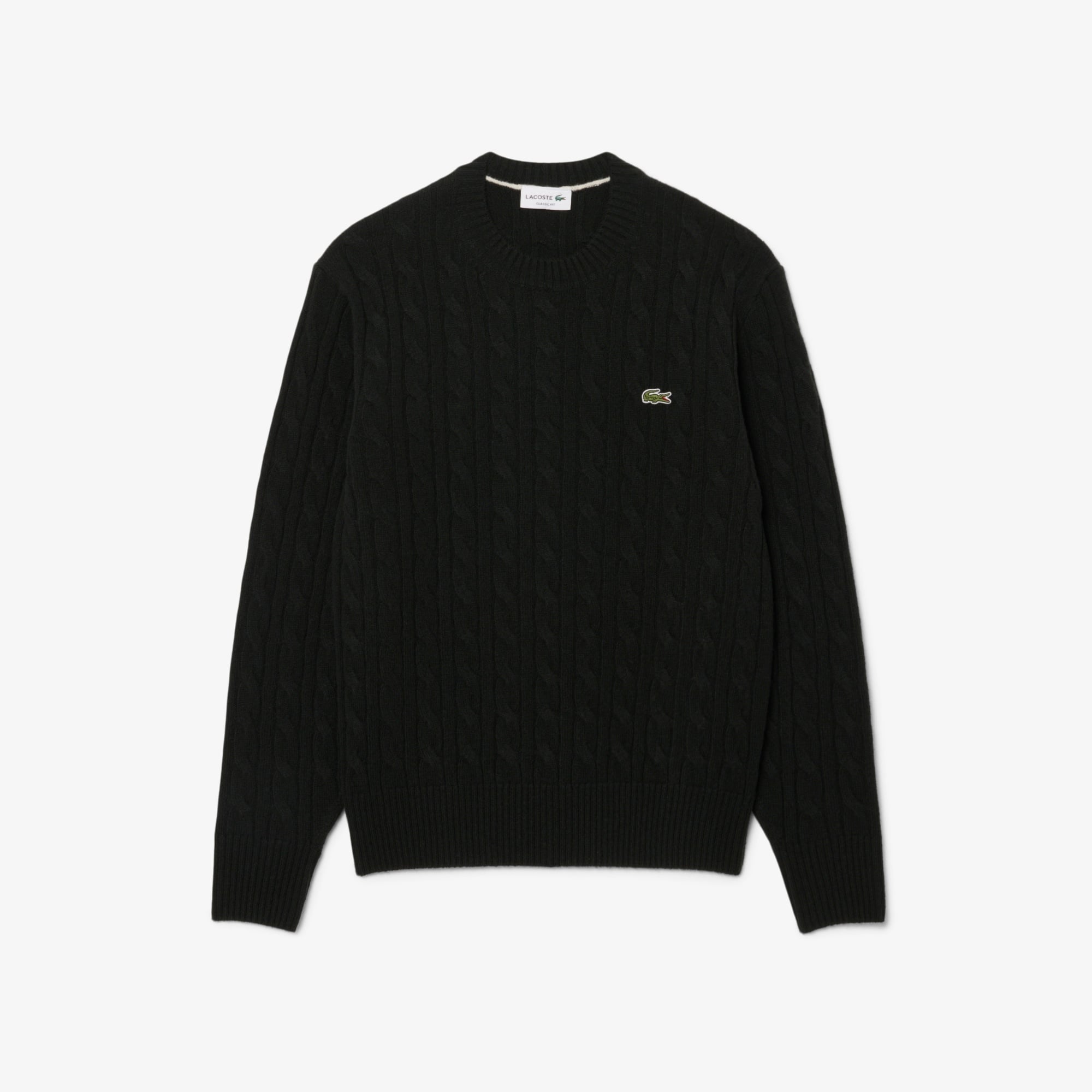 Lacoste Pull Torsadé en Laine Col Rond - Vert Foncé
