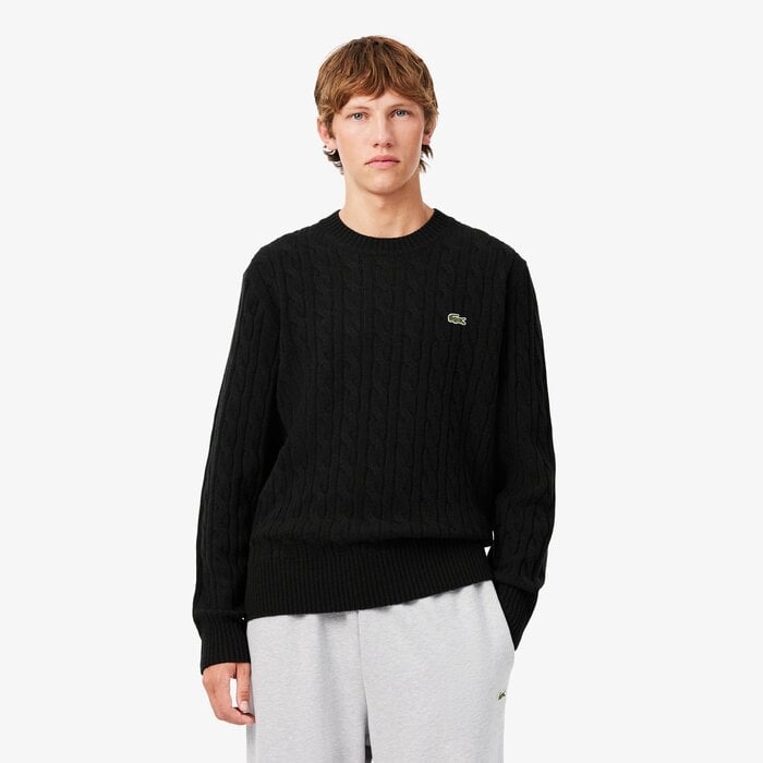 Lacoste Pull Torsadé en Laine Col Rond - Vert Foncé