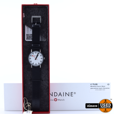 Mondaine Classic 36mm glans-wit-leer zwart | Nieuwstaat