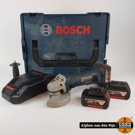 Bosch GWS 18-125 haakse slijper in koffer + acculader en 3 accu's