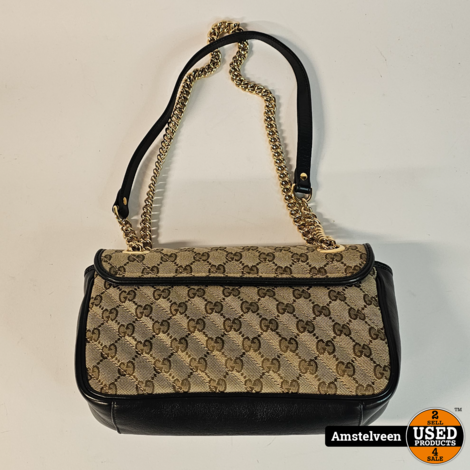 Gucci 443497 GG Marmont Small Diagonal Matelasse Canvas Beige/Ebony