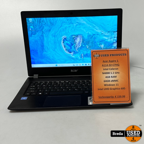 Acer Aspire 1 A114-32-C7HQ Laptop | Intel Celeron N4000 1.1 GHz 4GB RAM 64GB eMMC Windows 11 Intel UHD Graphics 600 | Met garantie