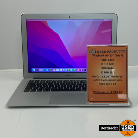 Macbook Air 2017 13inch Laptop | i5 8GB RAM 128GB SSD Intel HD Graphics 6000 1536 MB | Met garantie