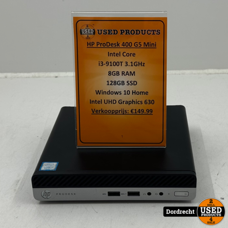 HP ProDesk 400 G5 desktop mini | Intel Core i3-9100T 3.1GHz 8GB RAM 128GB SSD Windows 10 Home Intel UHD Graphics 630 | Met garantie