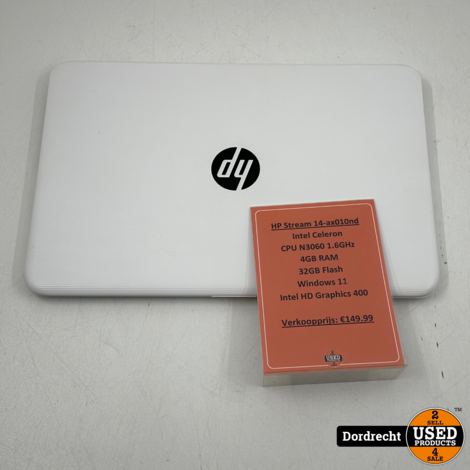 HP Stream 14-ax010nd Laptop | Intel Celeron CPU N3060 1.6GHz 4GB RAM 32GB Flash Windows 11 Intel HD Graphics 400 | Met garantie