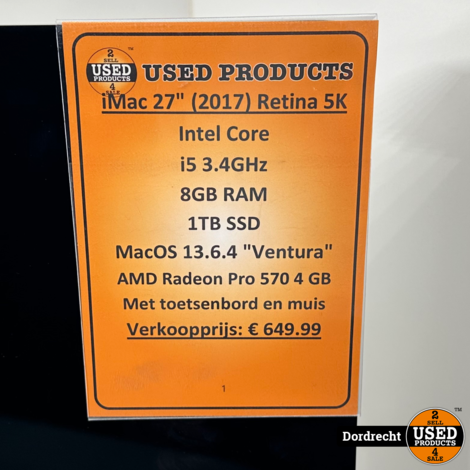 iMac 2017 27inch Retina 5K | Met toetsenbord en muis | Intel Core i5 3.4GHz 1TB SSD 8GB RAM AMD Radeon Pro 570 4 GB | Met garantie