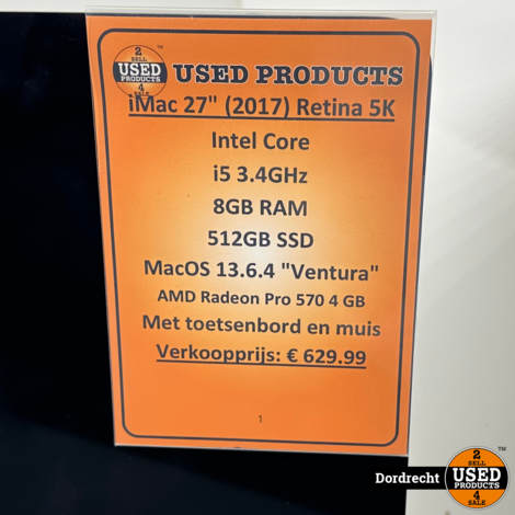 iMac 2017 27inch Retina 5K | Met toetsenbord en muis | Intel Core i5 3.4GHz 512GB SSD 8GB RAM AMD Radeon Pro 570 4 GB | Met garantie