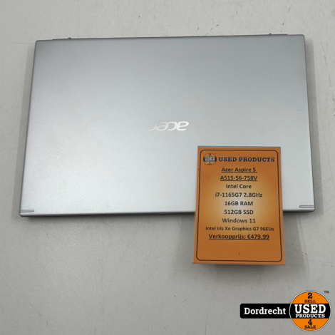 Acer Aspire 5 A515-56-758V Laptop | Intel Core i7-1165G7 2.8GHz 16GB RAM 512GB SSD Windows 11 Intel Iris Xe Graphics G7 96EUs | Met garantie