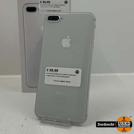 iPhone 8 Plus 64GB zilver | Batterij onderhoud | Schade rechts | In doos | Met garantie