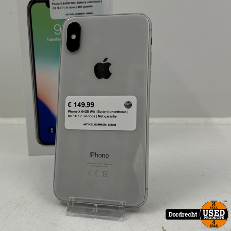 iPhone X 64GB Wit | Batterij onderhoud | iOS 16.7.7 | In doos | Met garantie