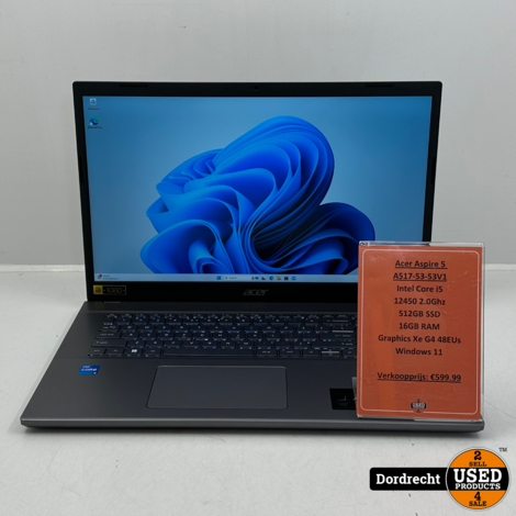 Acer Aspire 5 A517-53-53V1 Laptop | Intel Core i5-12450 512GB SSD 16GB RAM Intel UHD Graphics Xe G4 48EUs Windows 11 | Met garantie