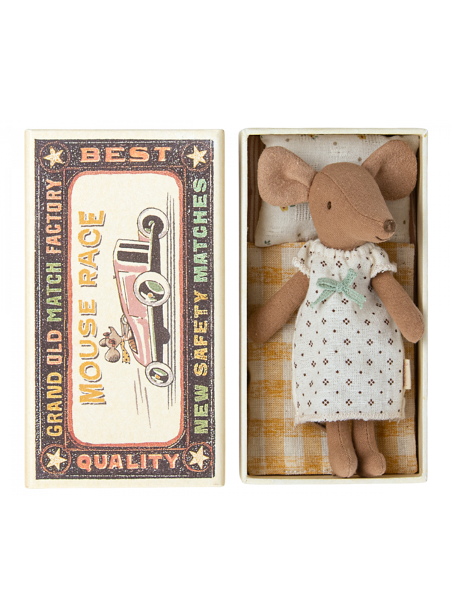 Maileg Big Sister Mouse In Matchbox White Dress Yellow Blanket