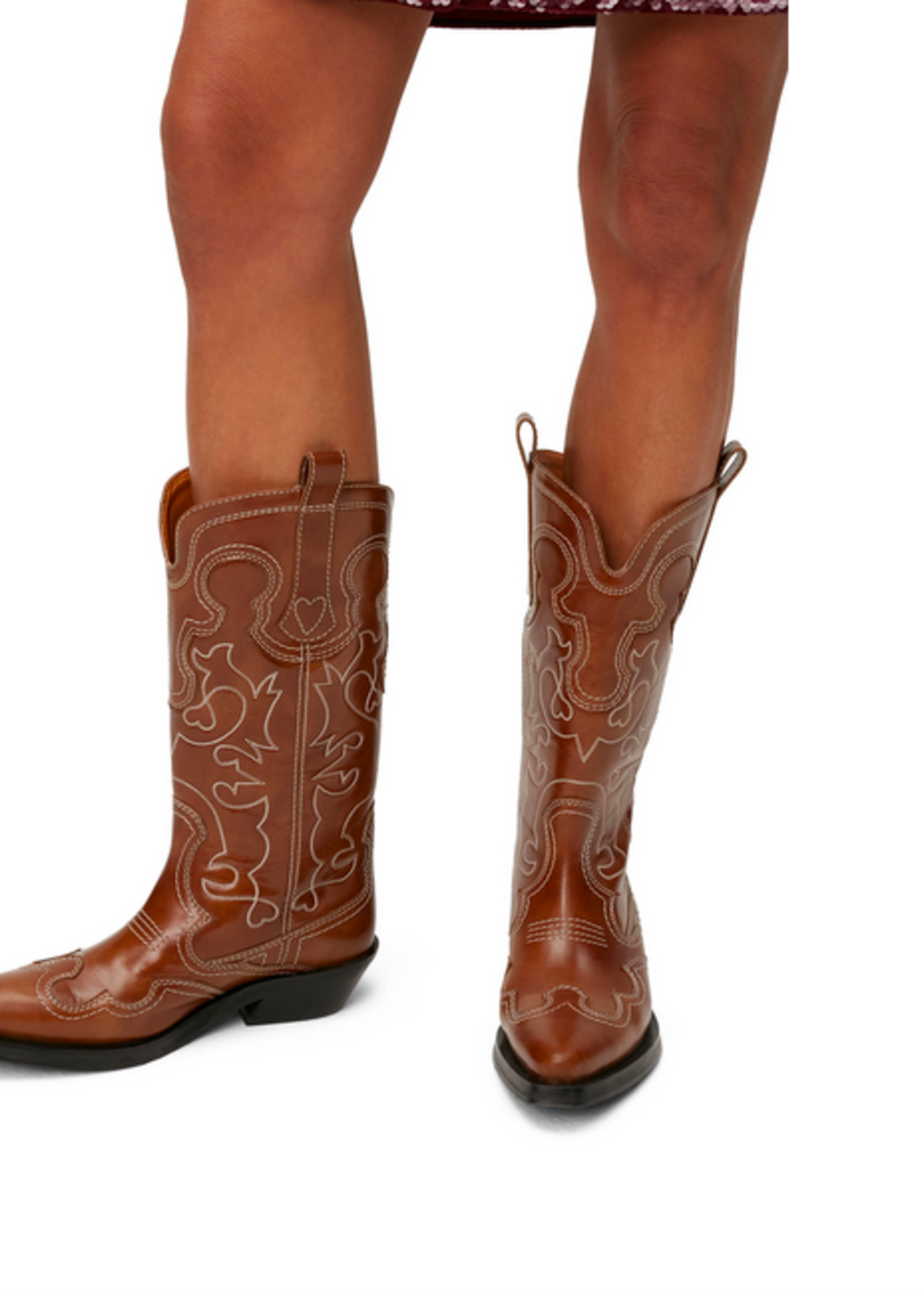 GANNI GANNI Mid Shaft Embroidered Western Boot Tiger's Eye