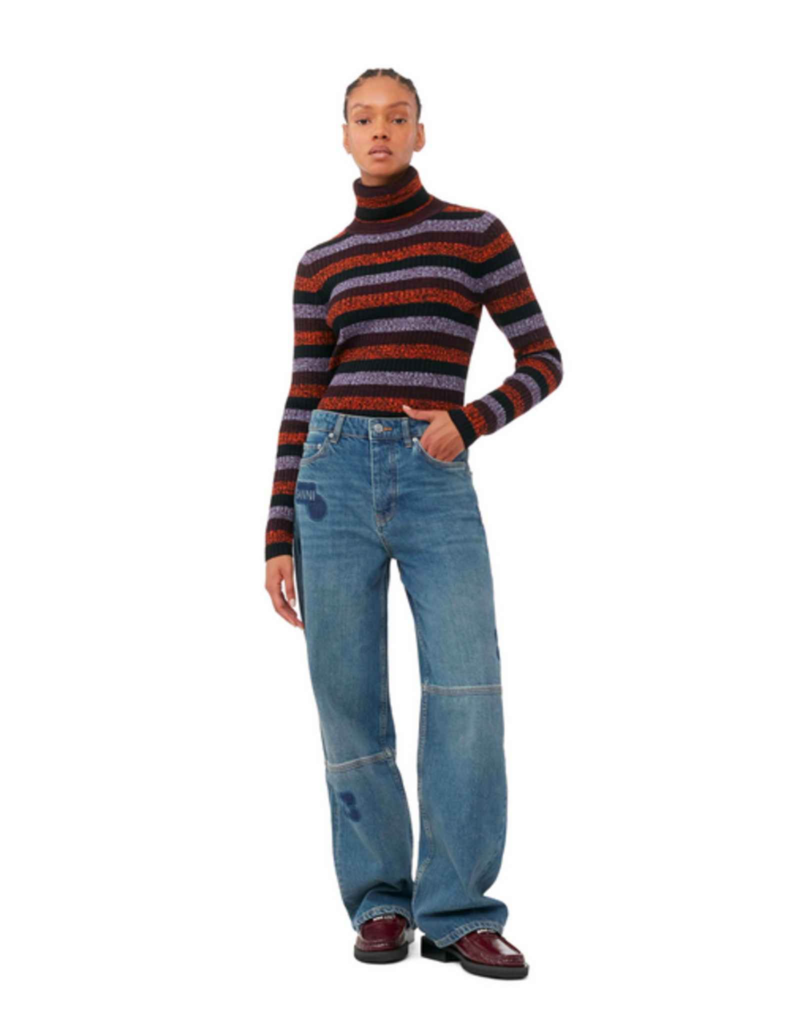 GANNI GANNI Striped Merino Rib Open Back High Neck Sweater