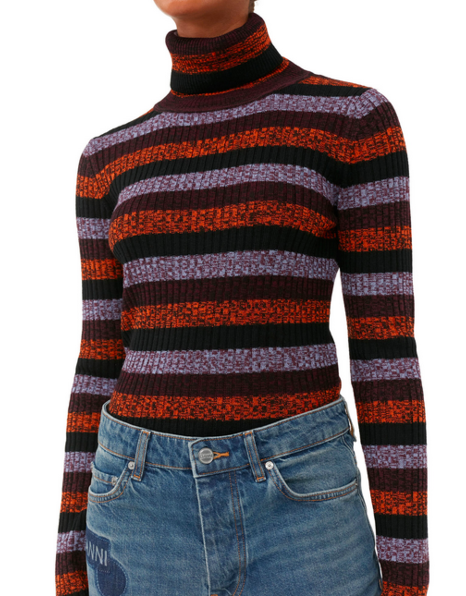 GANNI GANNI Striped Merino Rib Open Back High Neck Sweater