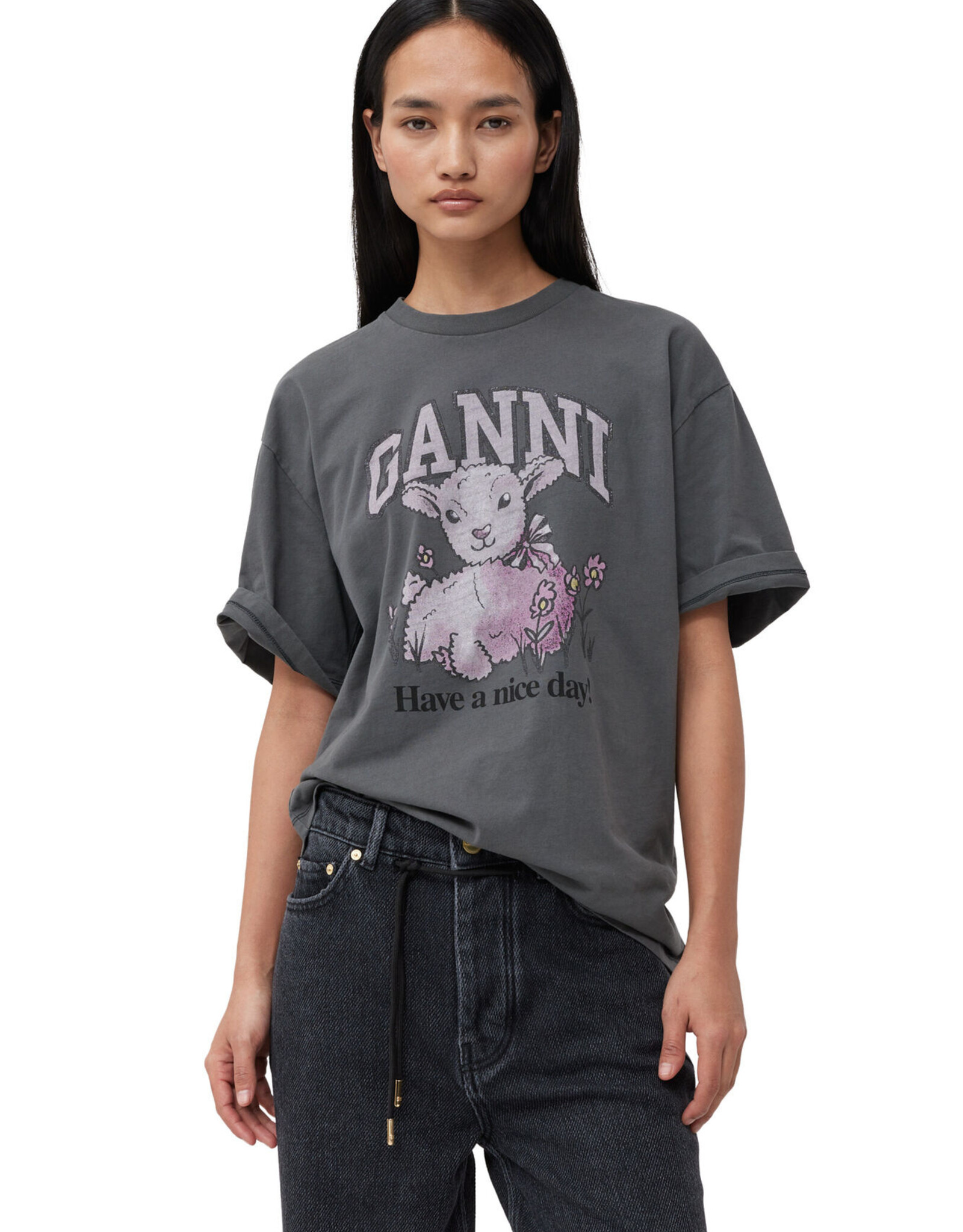GANNI OK GANNI Grey Future Relaxed Lamb T-shirt