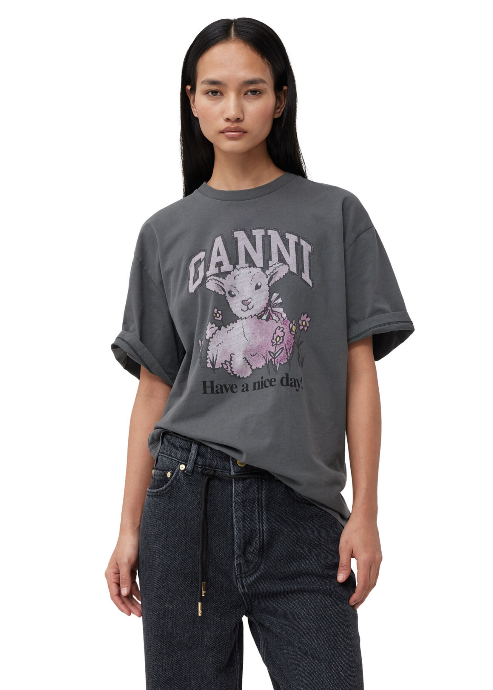 GANNI OK GANNI Grey Future Relaxed Lamb T-shirt