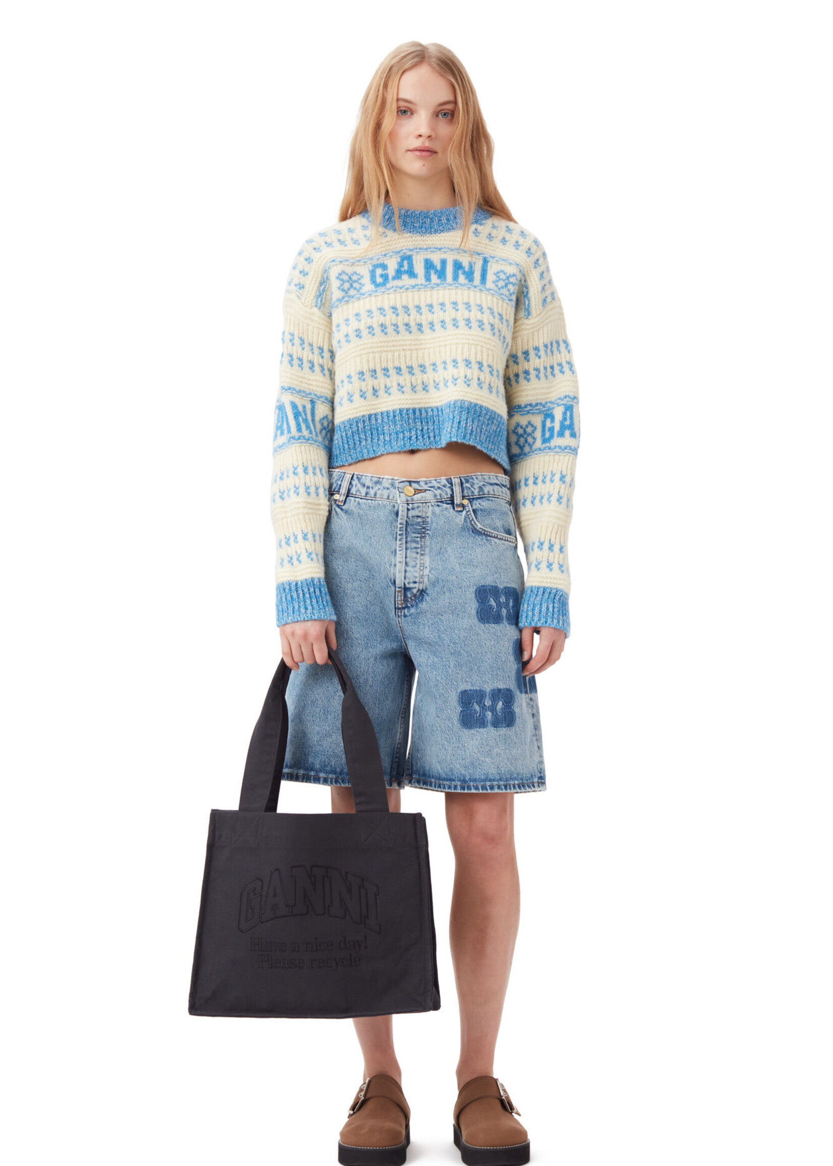 GANNI GANNI Blue Lambswool Cropped O-neck Pullover