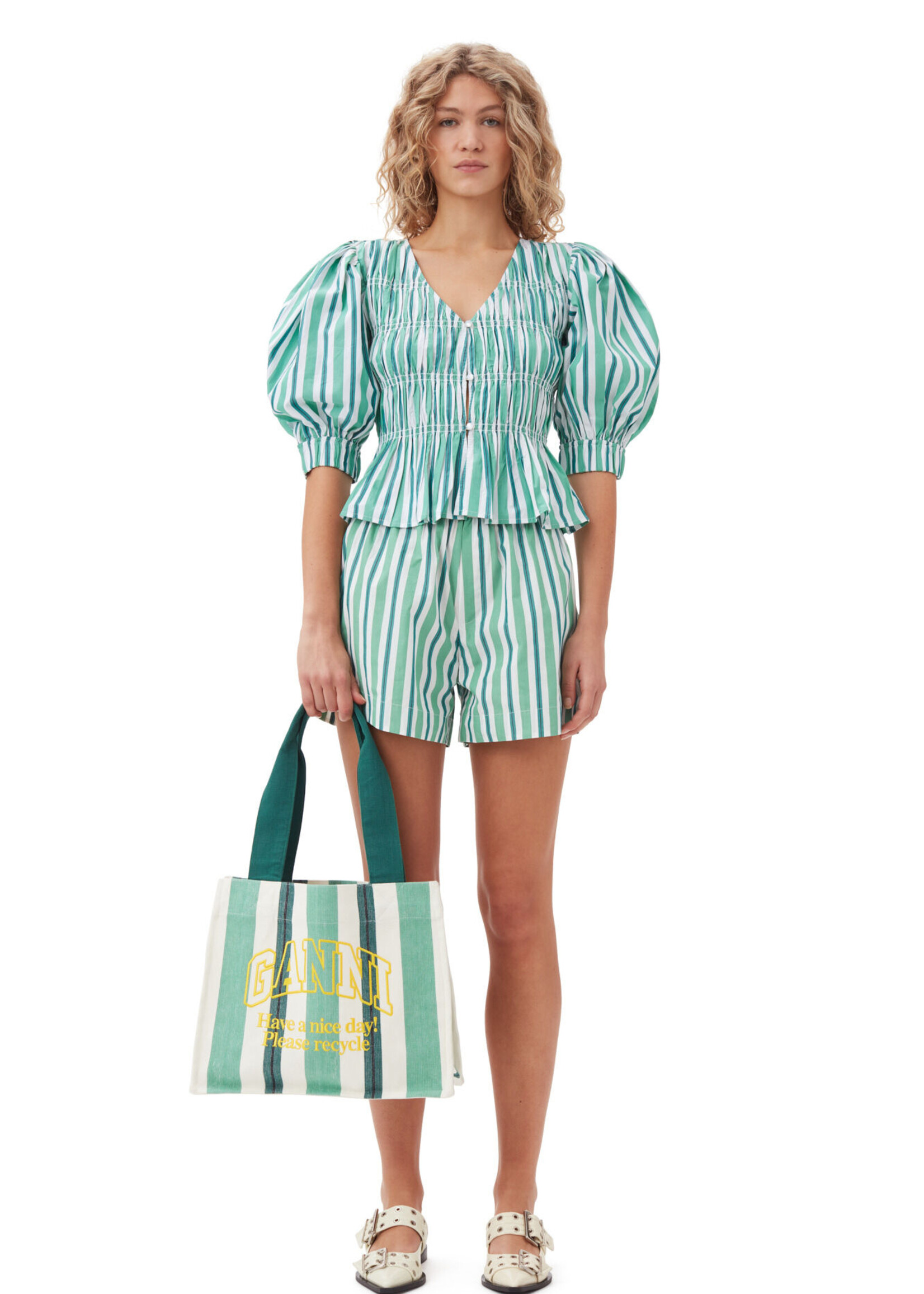 GANNI GANNI Green Large Striped Canvas Tote Bag