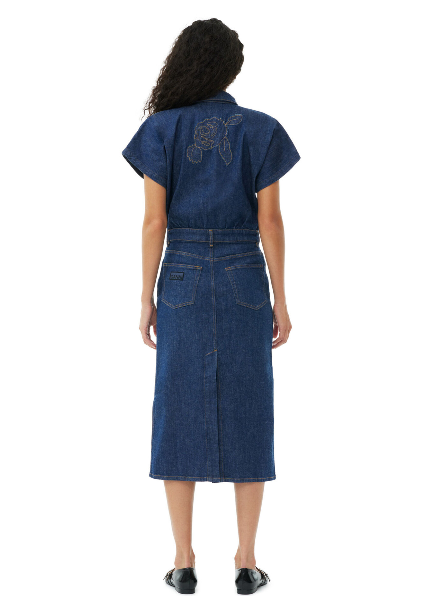 GANNI GANNI Denim Rose Midi Dress