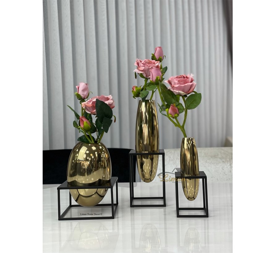 Metalen Decoratie / Vaas Met Stand Goud-Zwart 14x14x20cm