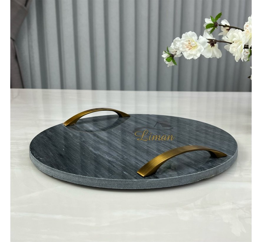 COSY TRAY BLACK D30CM ROUND MARBLE WITH HANDLES