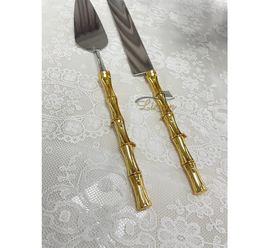 LUXURY CAKE SERVING SET BAMBOO 2 PIECE GOLD