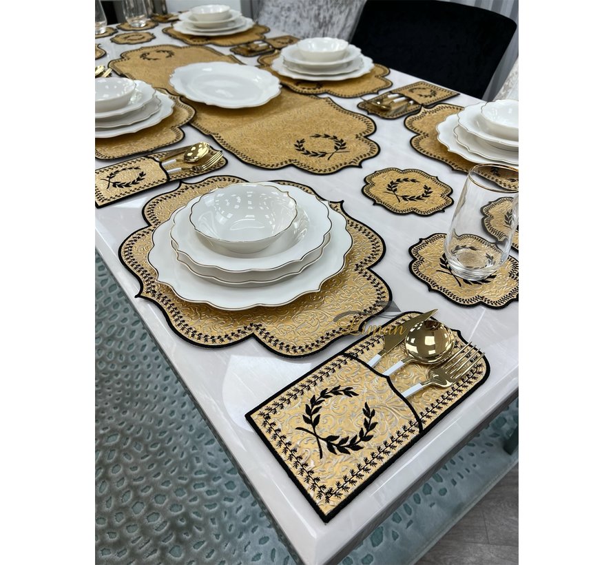 19 Parca Placemat Seti 6 Kisilik Gold Damask